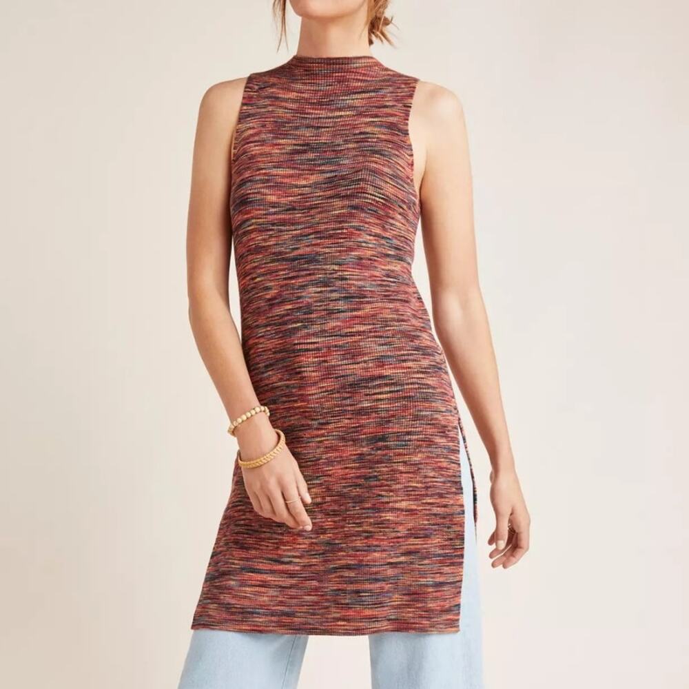 Anthropologie Tami Space Dyed Fall Orange Melange Knit Ribbed Tunic Tank Medium